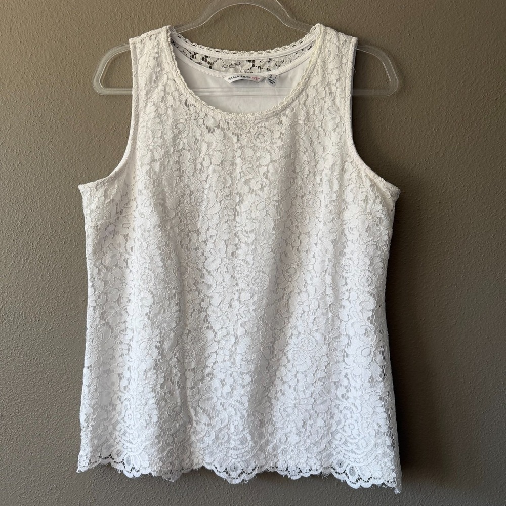 Isaac Mizrahi Live White Floral Knit Lace Lined Tank Top‎ Scalloped Swing Hem M